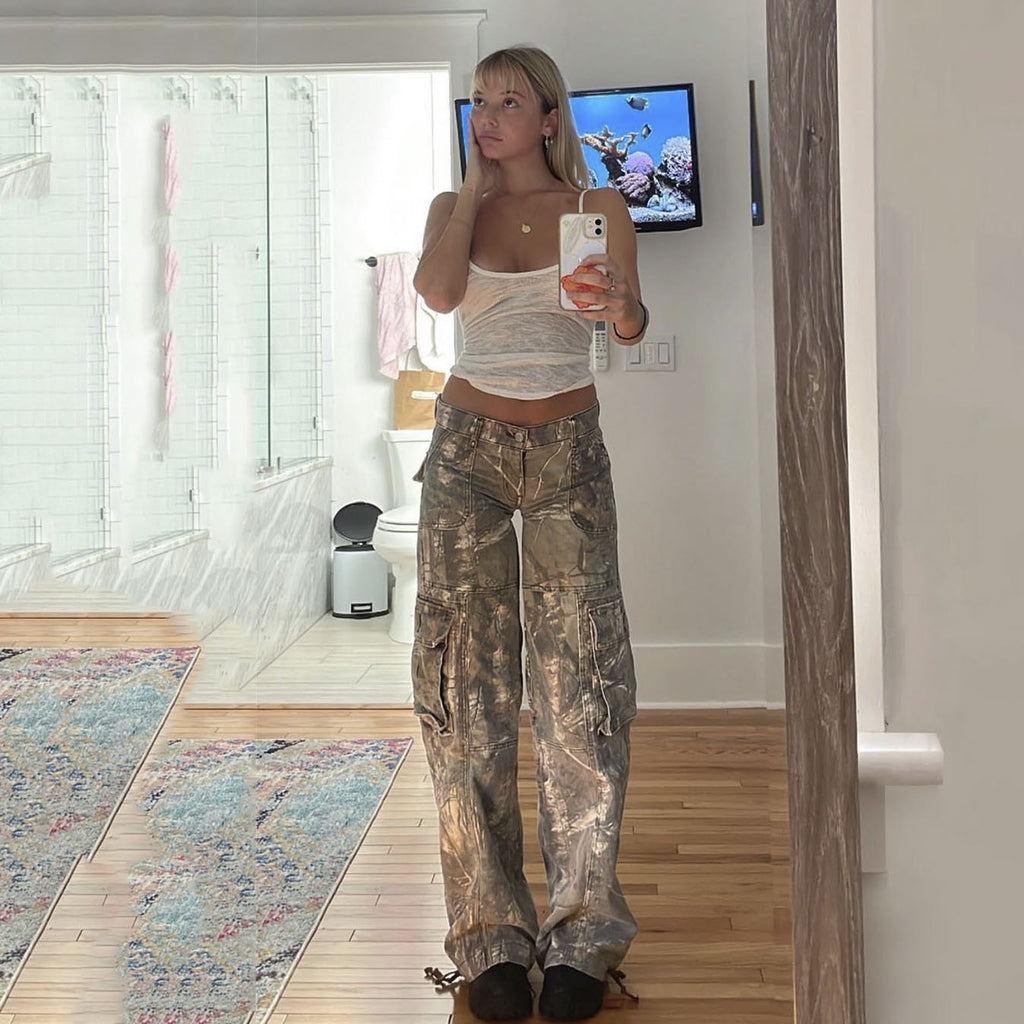 Camouflage Cargo Pants Low Waist Straight Trousers With Pockets