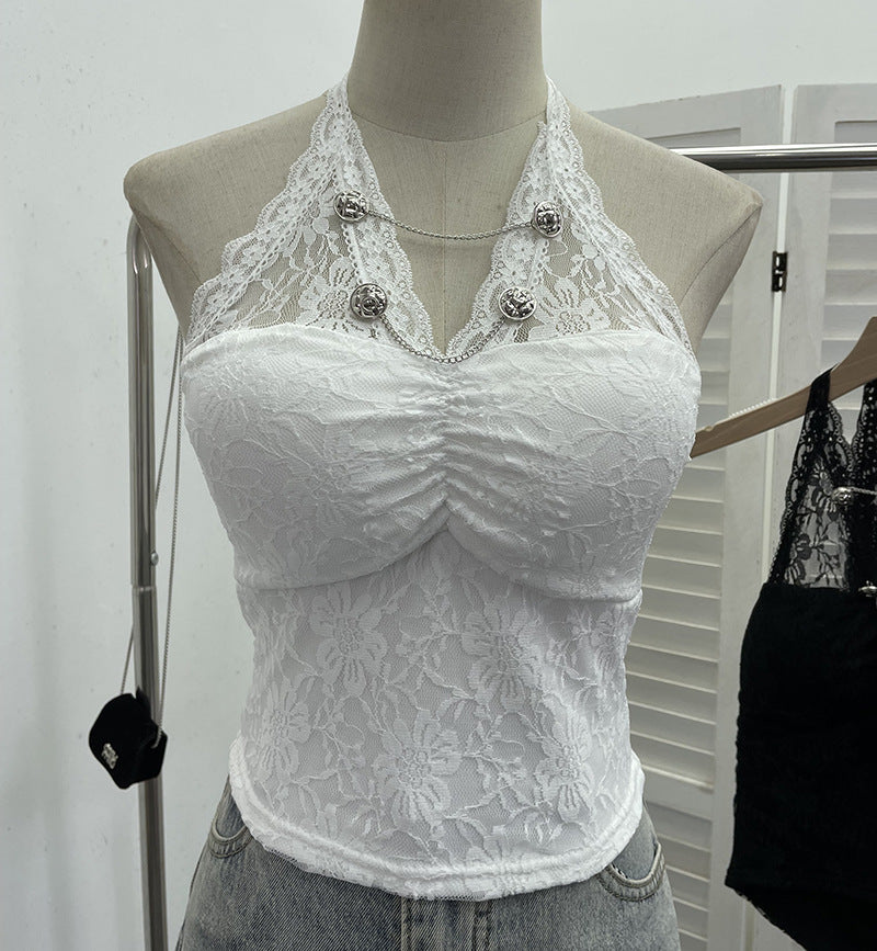 Y2K Lace Halter Backless Crop Top