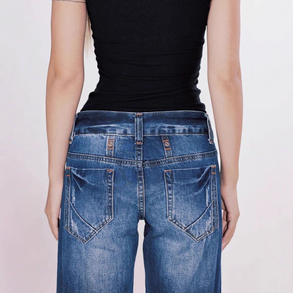 Retro Low Waist Washed Straight Jeans