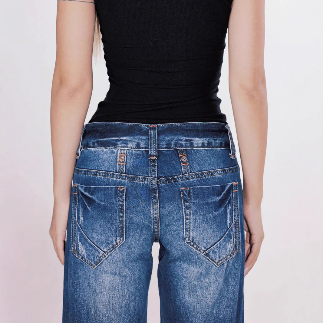 Retro Low Waist Washed Straight Jeans