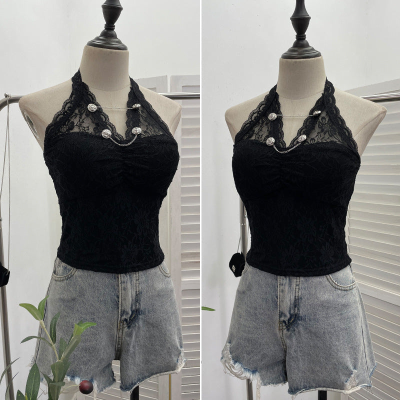 Y2K Lace Halter Backless Crop Top