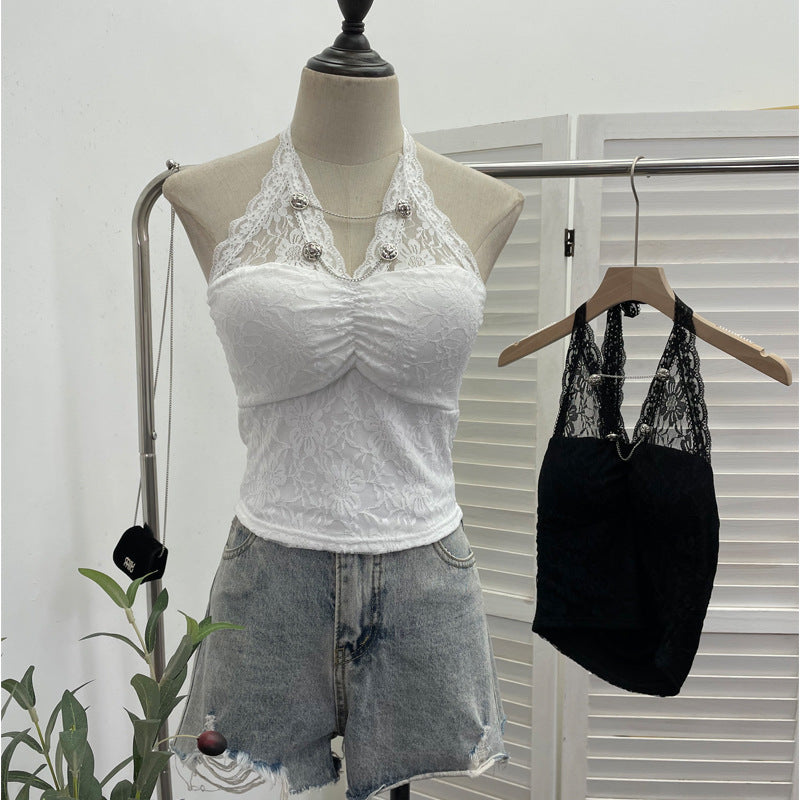 Y2K Lace Halter Backless Crop Top