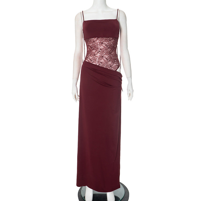 Lace Suspender Long Dress - Club Outfit