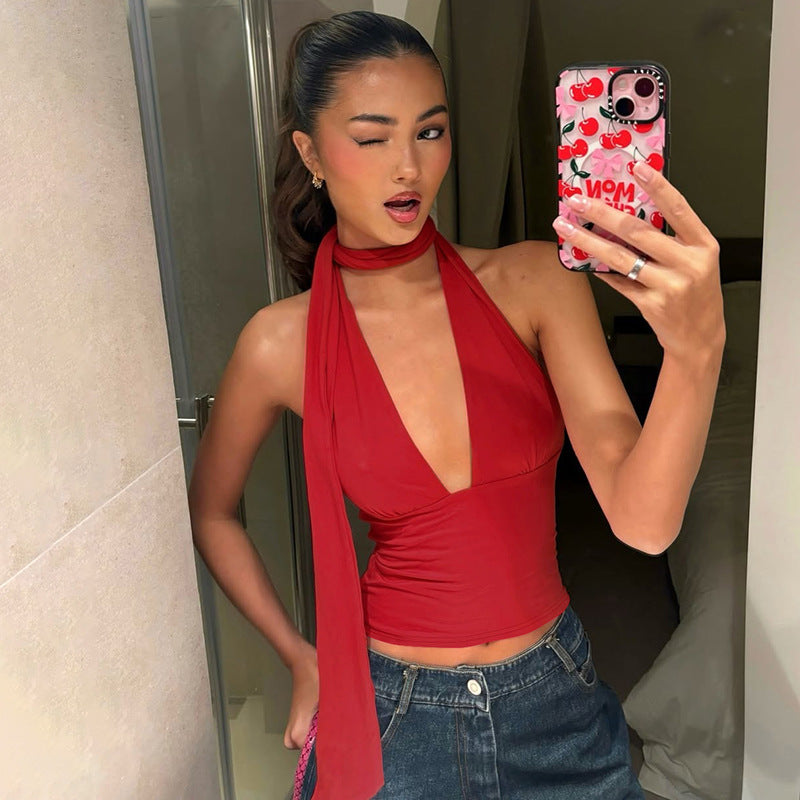 Y2K Deep V Halter Top - Summer Crop Top