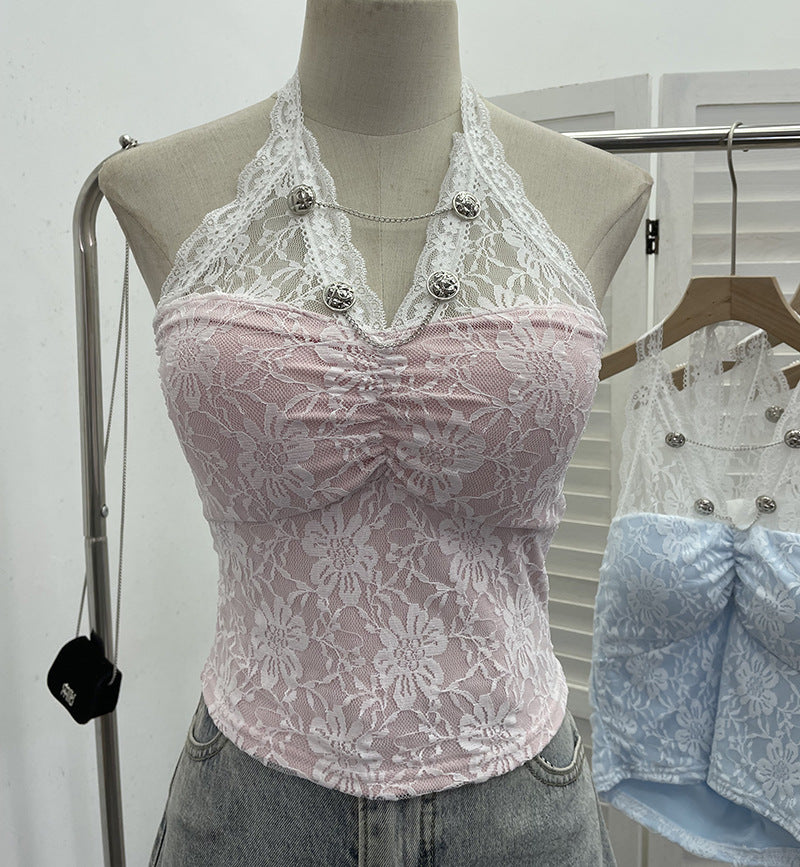 Y2K Lace Halter Backless Crop Top