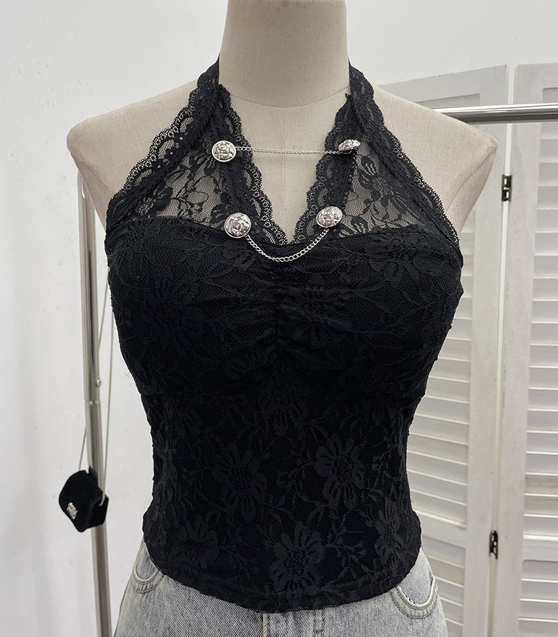 Y2K Lace Halter Backless Crop Top