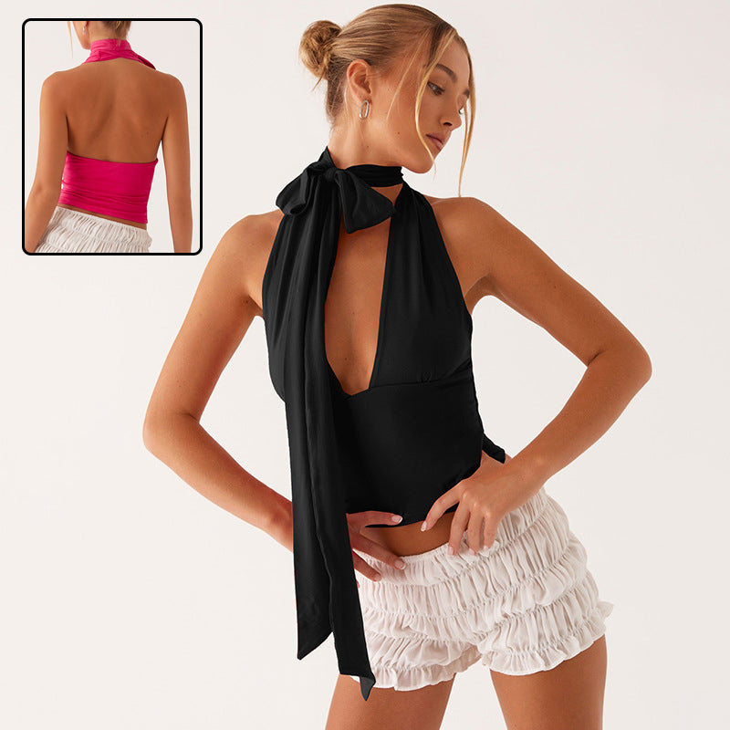 Y2K Deep V Halter Top - Summer Crop Top