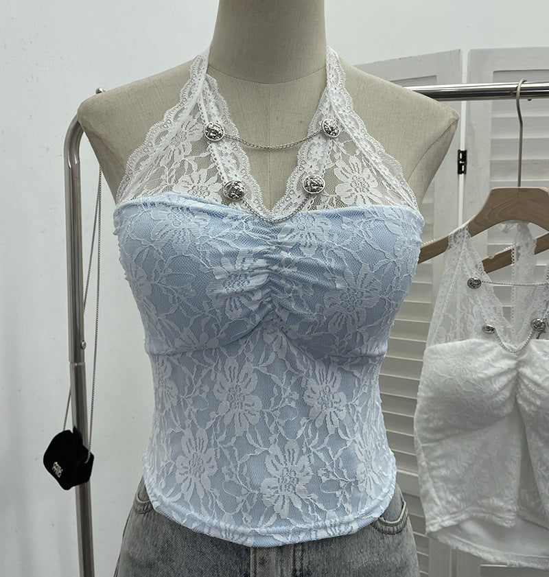 Y2K Lace Halter Backless Crop Top