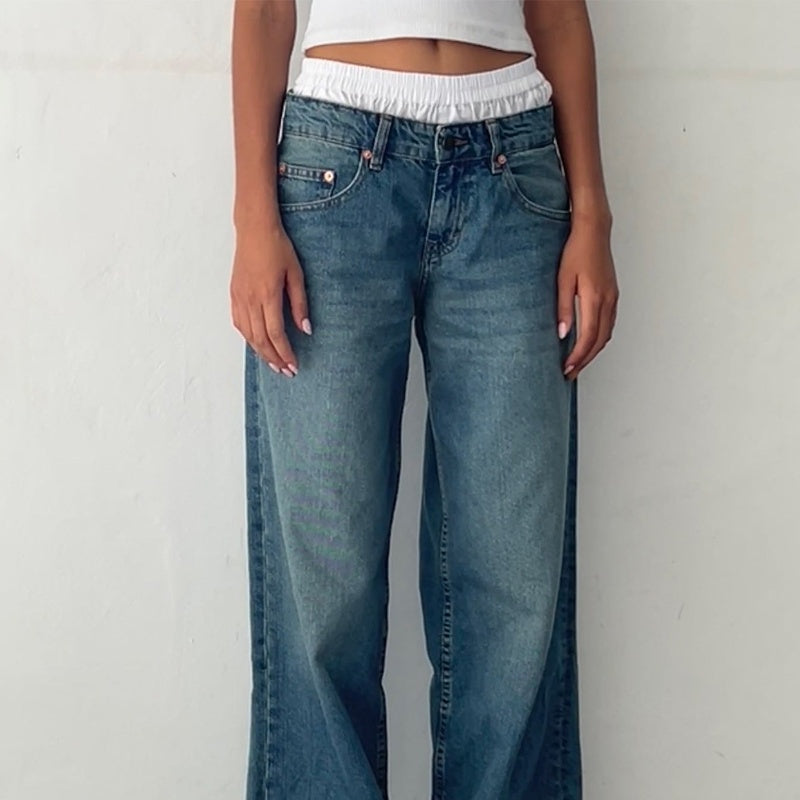 Retro Low Waist Non-elastic Washed Straight