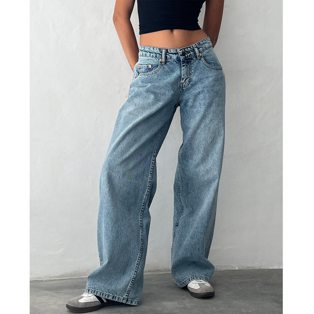 Retro Low Waist Non-elastic Washed Straight