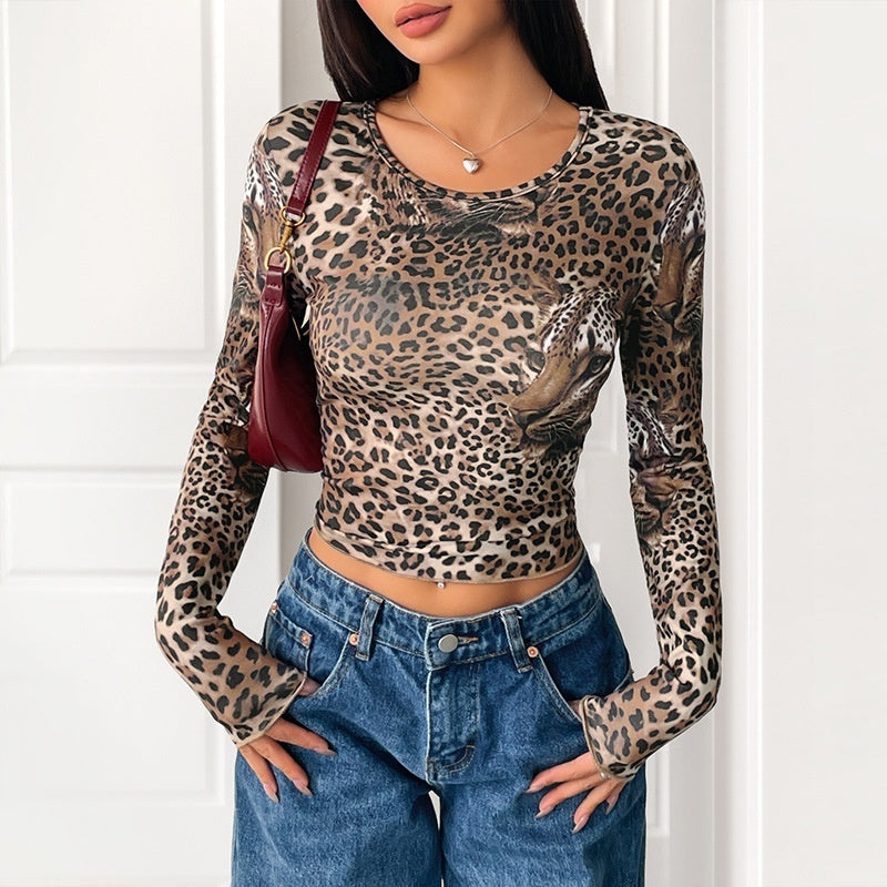 Vintage Leopard Print Long-sleeved T-shirt