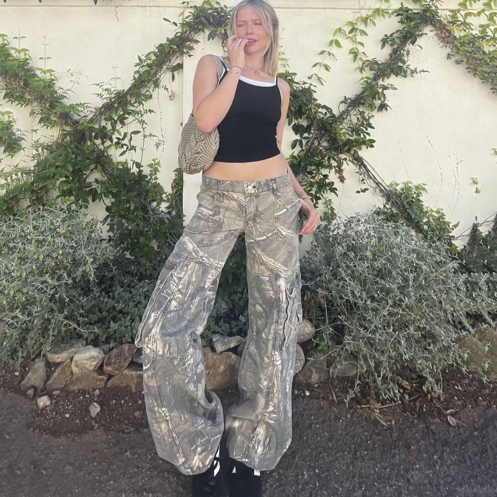 Camouflage Cargo Pants Low Waist Straight Trousers With Pockets
