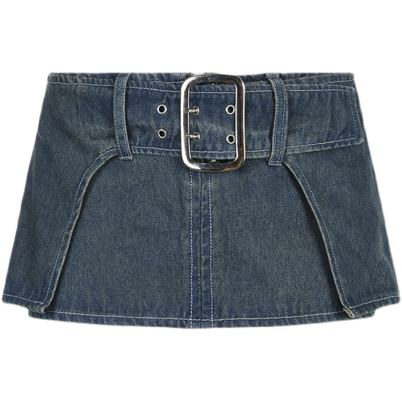 Dark Denim Skirt With Wide Belt Versatile
