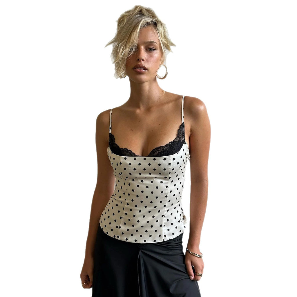 Lace patchwork polka dot camisole slim fit tank top