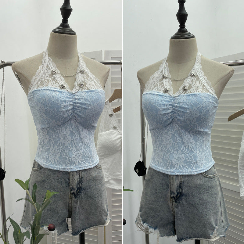 Y2K Lace Halter Backless Crop Top