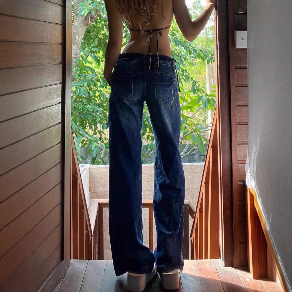 Retro Low Waist Washed Straight Jeans