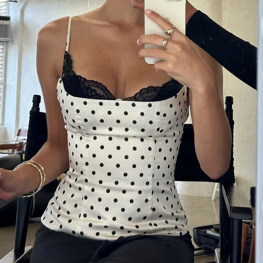 Lace patchwork polka dot camisole slim fit tank top