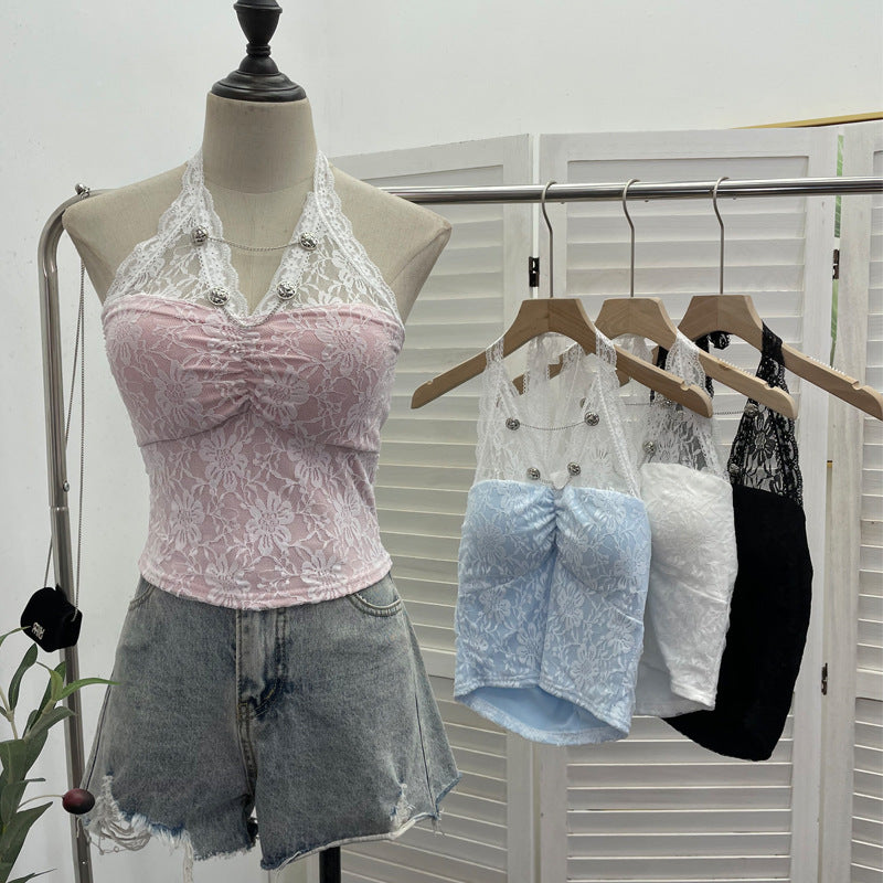 Y2K Lace Halter Backless Crop Top