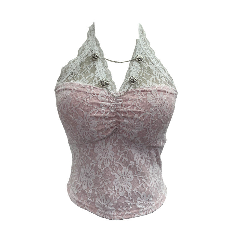 Y2K Lace Halter Backless Crop Top