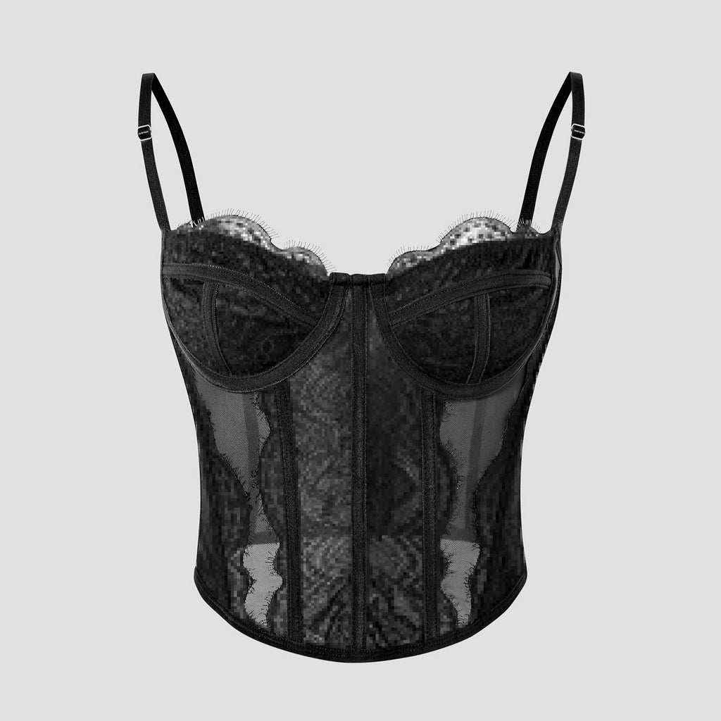 Top de tirantes finos de encaje para mujer, top sin mangas de verano, corsé con espalda descubierta y hueso, corpiño, lencería sexy ajustada, camisola moldeadora