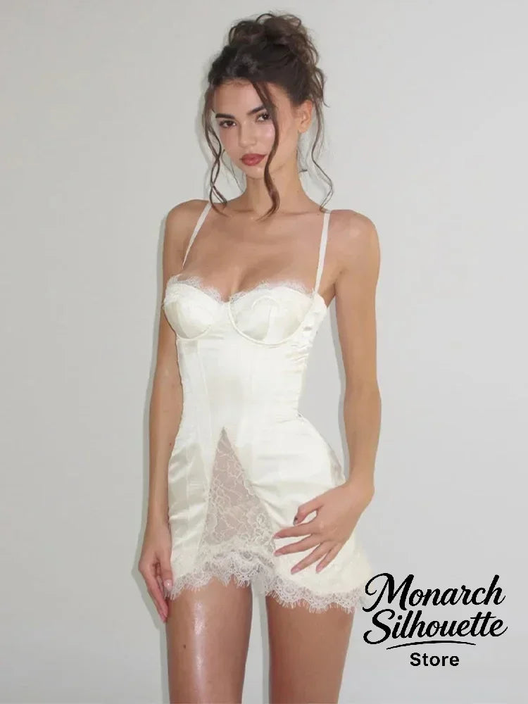 Solid Satin Lace Corset Mini Dress