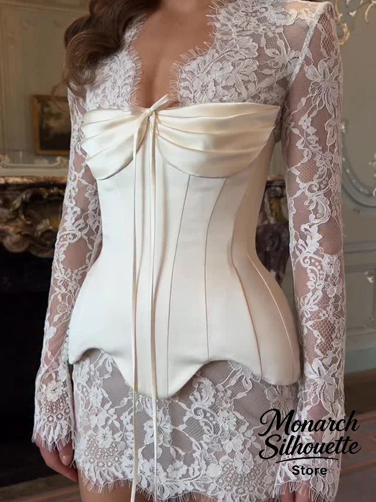 Solid Satin Lace Corset Mini Dress