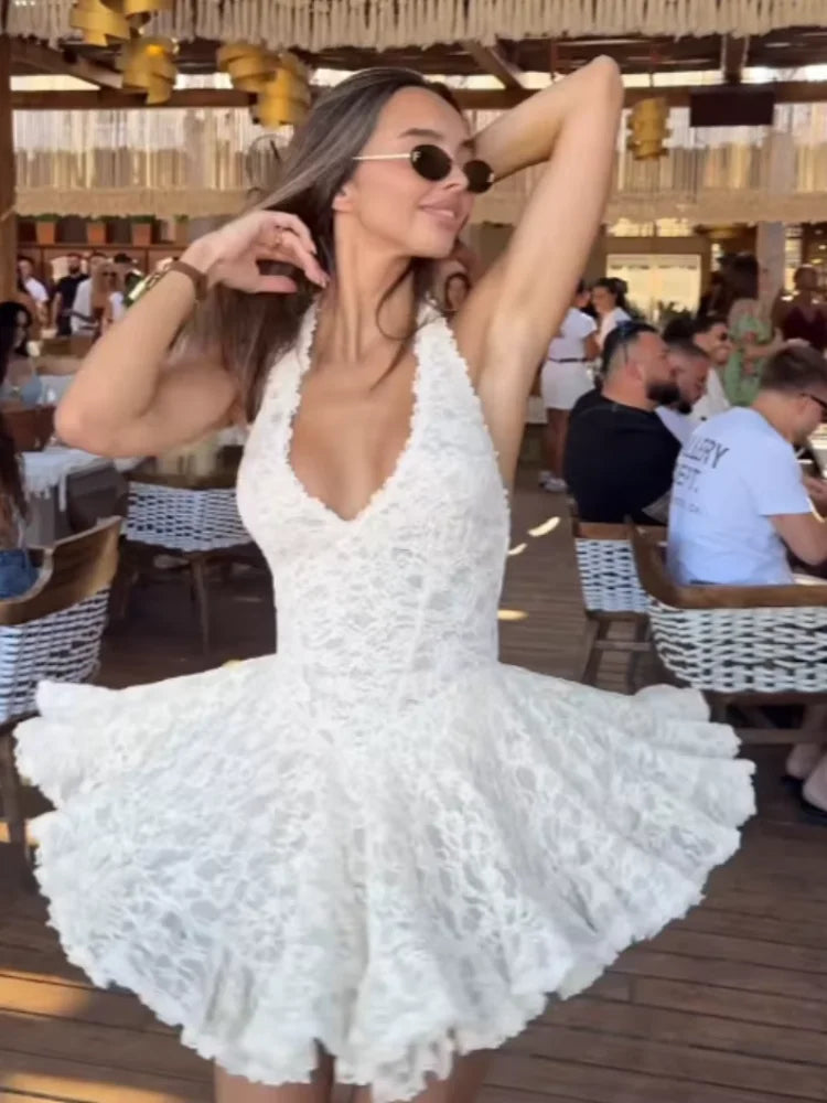 V Neck Halter Lace Mini Dress