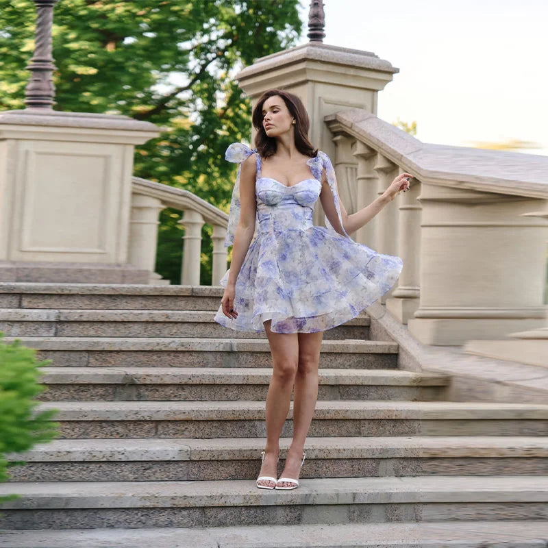 Chic Printed Mini Halter Dress A Line Mesh Lace Up Party Vestidos