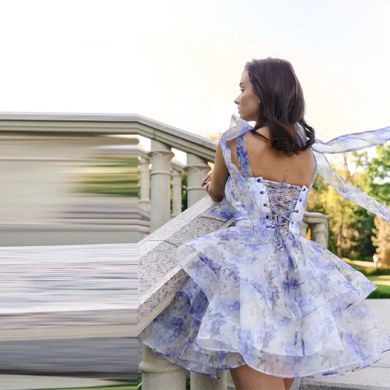 Chic Printed Mini Halter Dress A Line Mesh Lace Up Party Vestidos