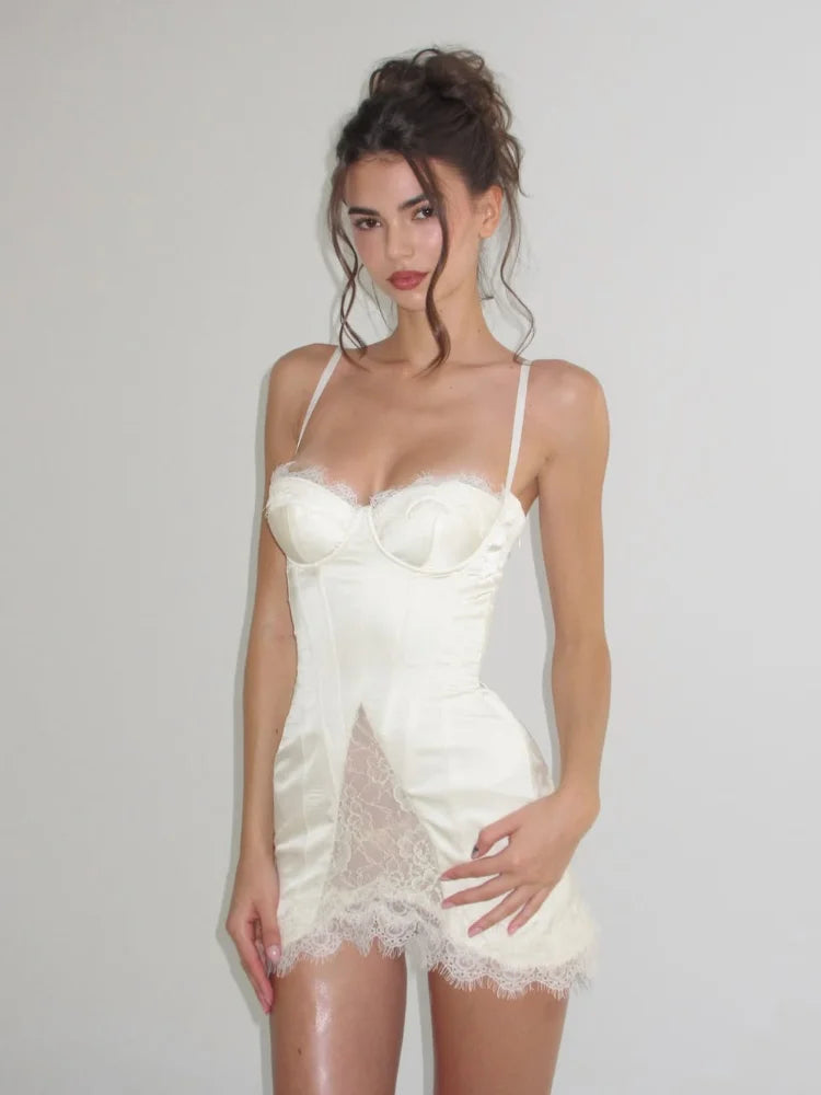 Sexy Lace Trim Satin Short Dress