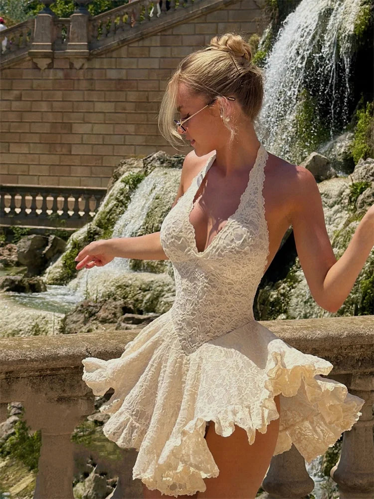 V Neck Halter Lace Mini Dress