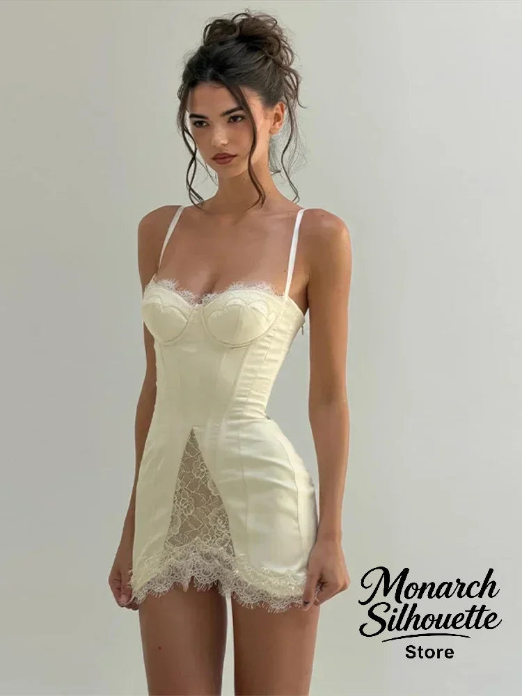 Solid Satin Lace Corset Mini Dress