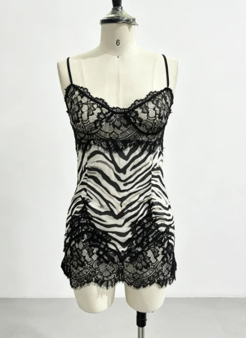 Sexy Spaghetti Strap Zebra Print Slip Dress Scalloped Lace Hem V Neck Bodycon Mini Skirt