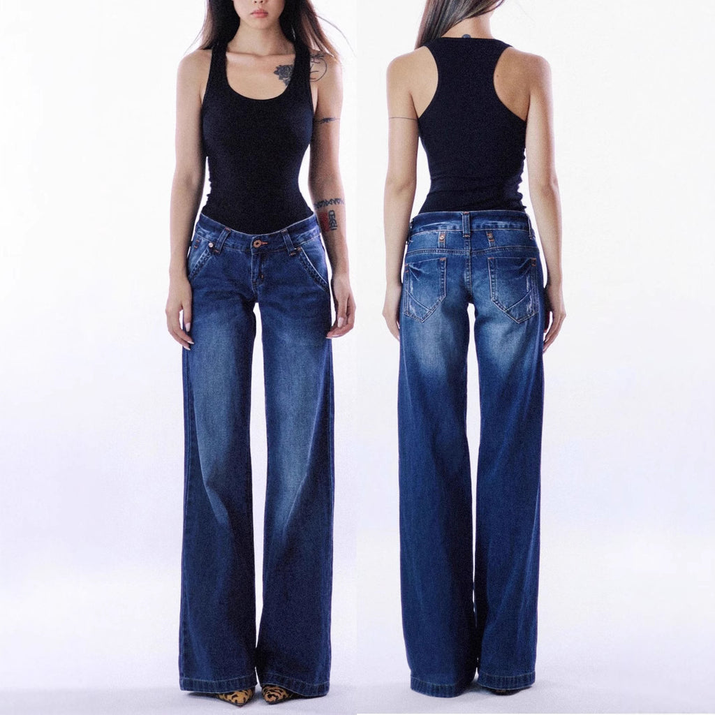 Retro Low Waist Washed Straight Jeans