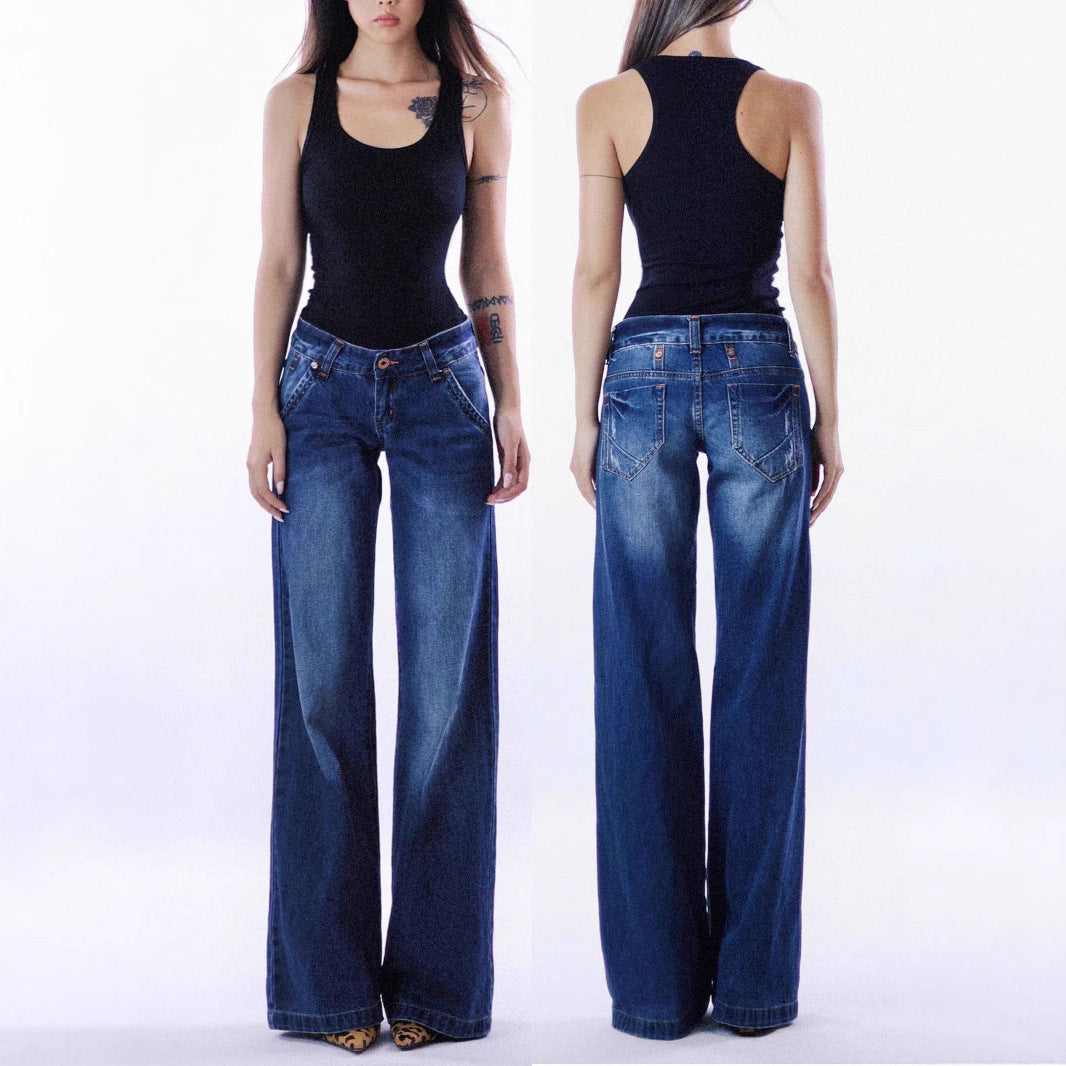 Retro Low Waist Washed Straight Jeans