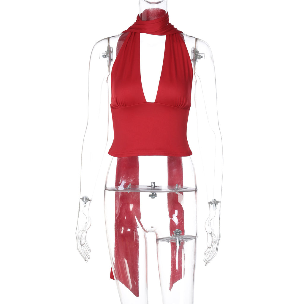 Y2K Deep V Halter Top - Summer Crop Top