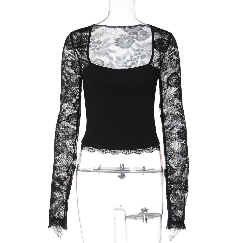 Sexy Lace Cutout Stitching Long Sleeve