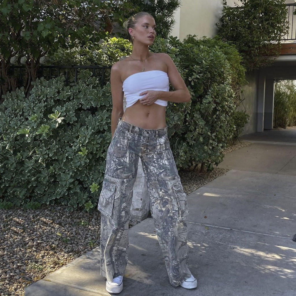 Camouflage Cargo Pants Low Waist Straight Trousers With Pockets