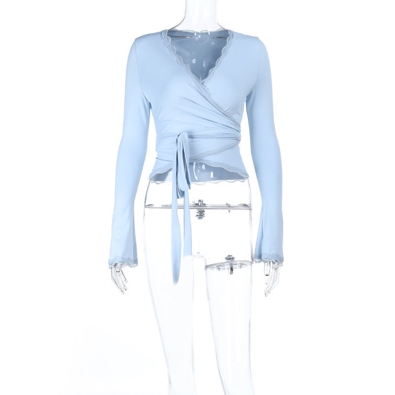Lace V-neck Lace Up Long Sleeve