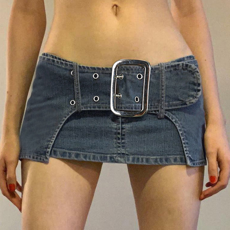 Dark Denim Skirt With Wide Belt Versatile