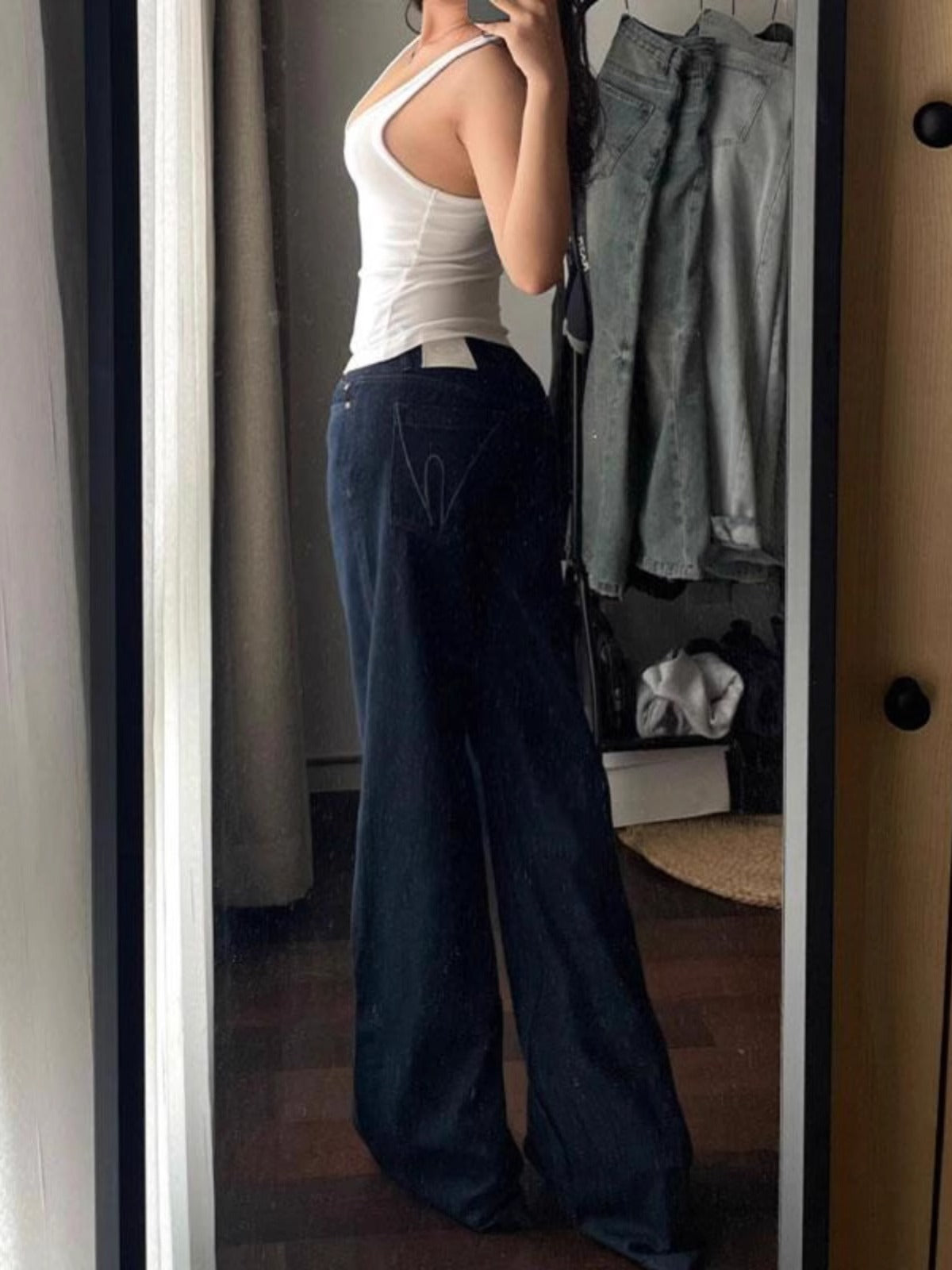 Retro Low Waist Draping Washed Wide-leg Jeans Women