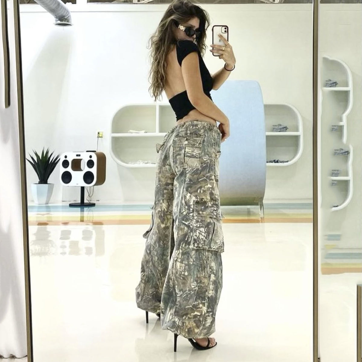 Camouflage Cargo Pants Low Waist Straight Trousers With Pockets