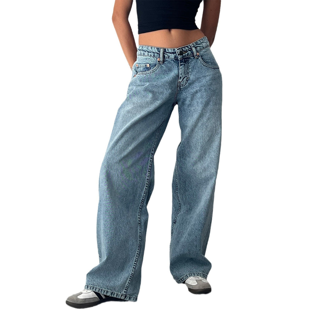 Retro Low Waist Non-elastic Washed Straight