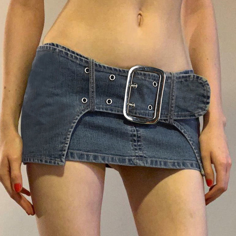 Dark Denim Skirt With Wide Belt Versatile